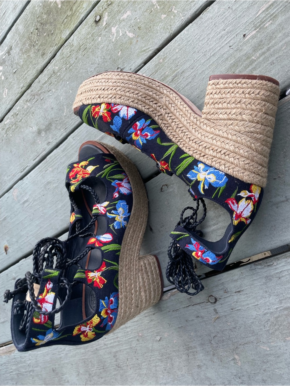 TORY BURCH POSITANO FLORAL LACE UP PLATFORM ESPADRILLE SANDALS 8.5 - Picture 10 of 14